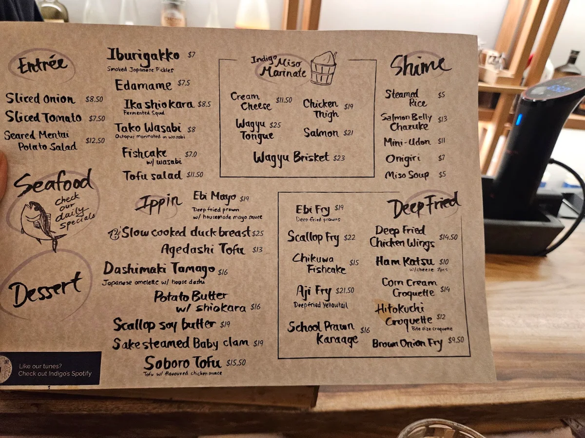 Menu, Nomidokoro Indigo