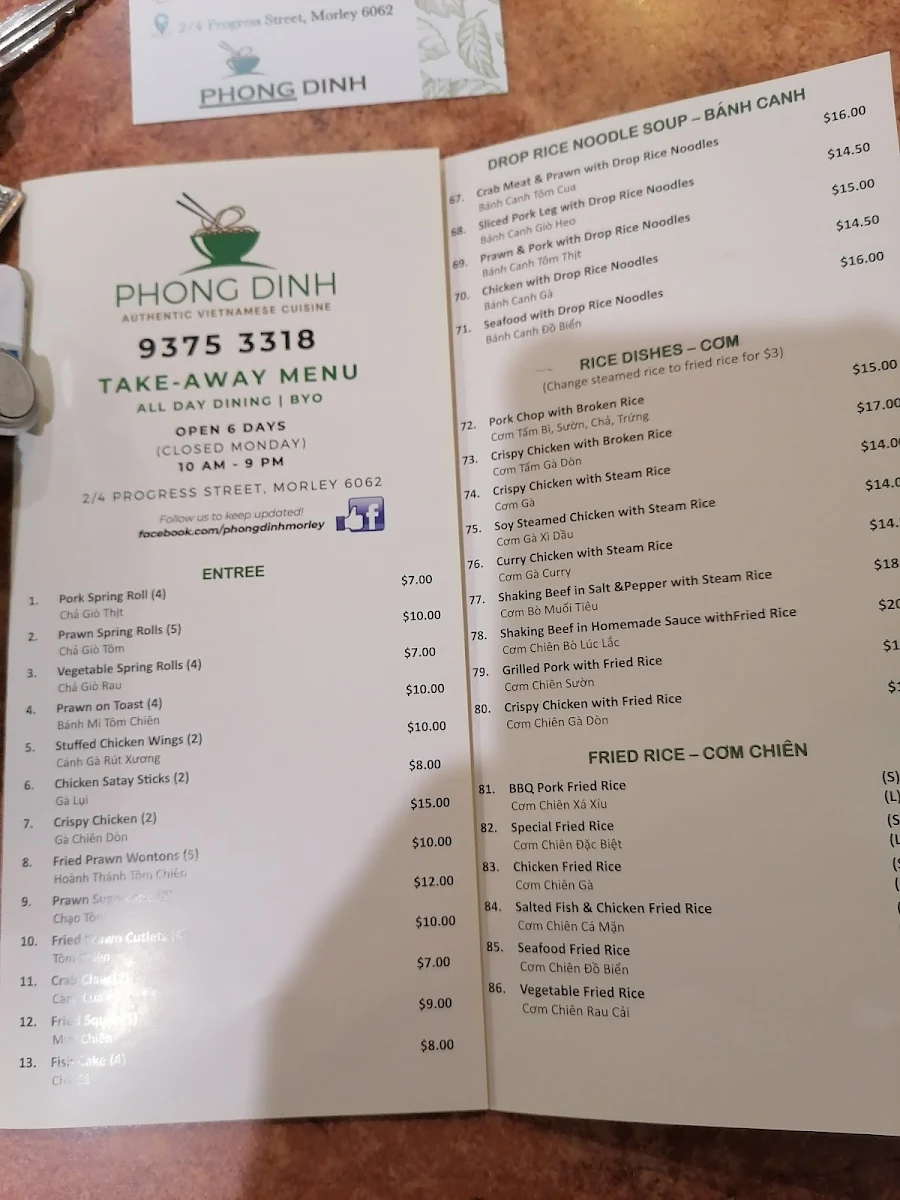 Menu, Phong Dinh Noodle House