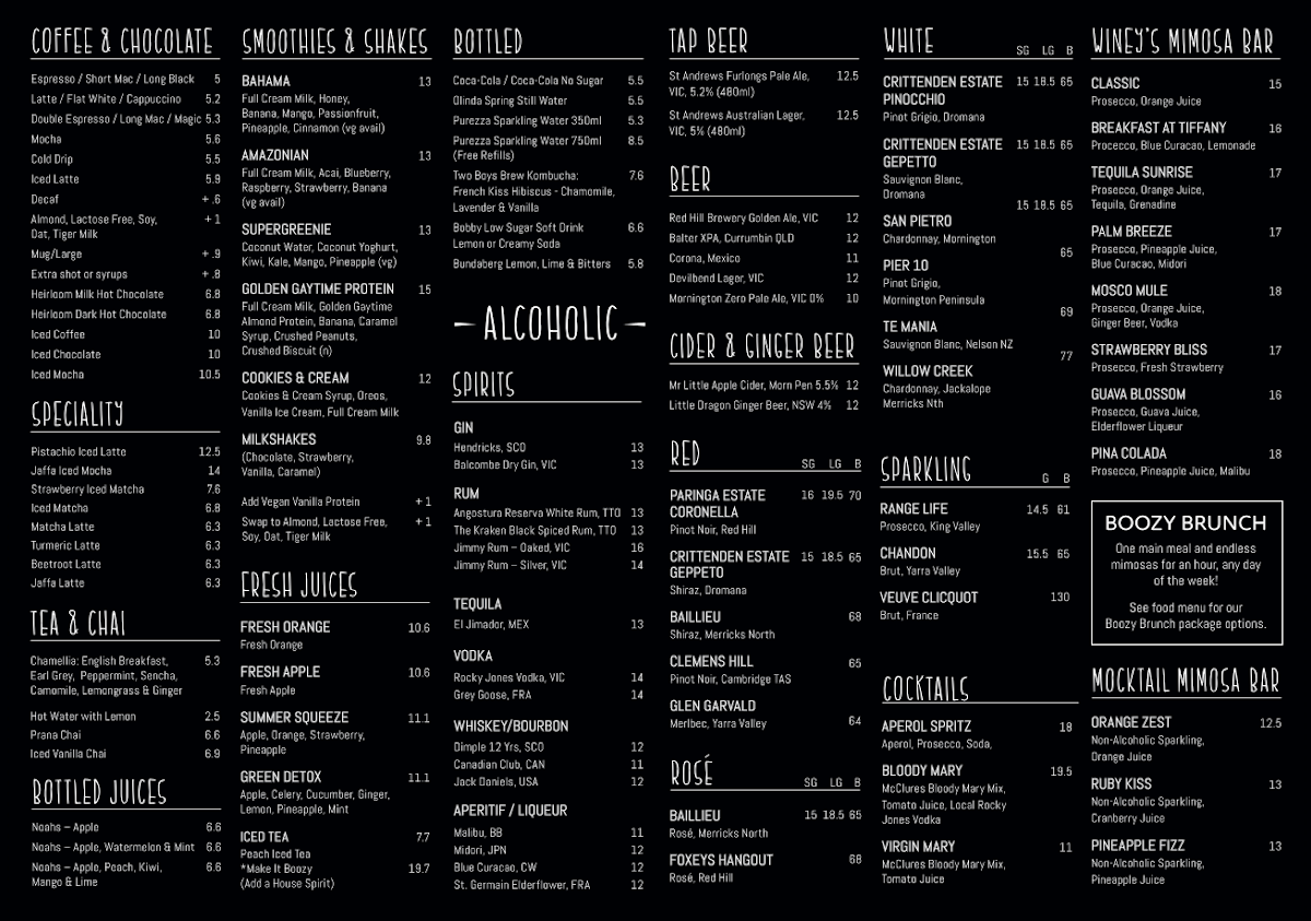Menu, The Winey Cow
