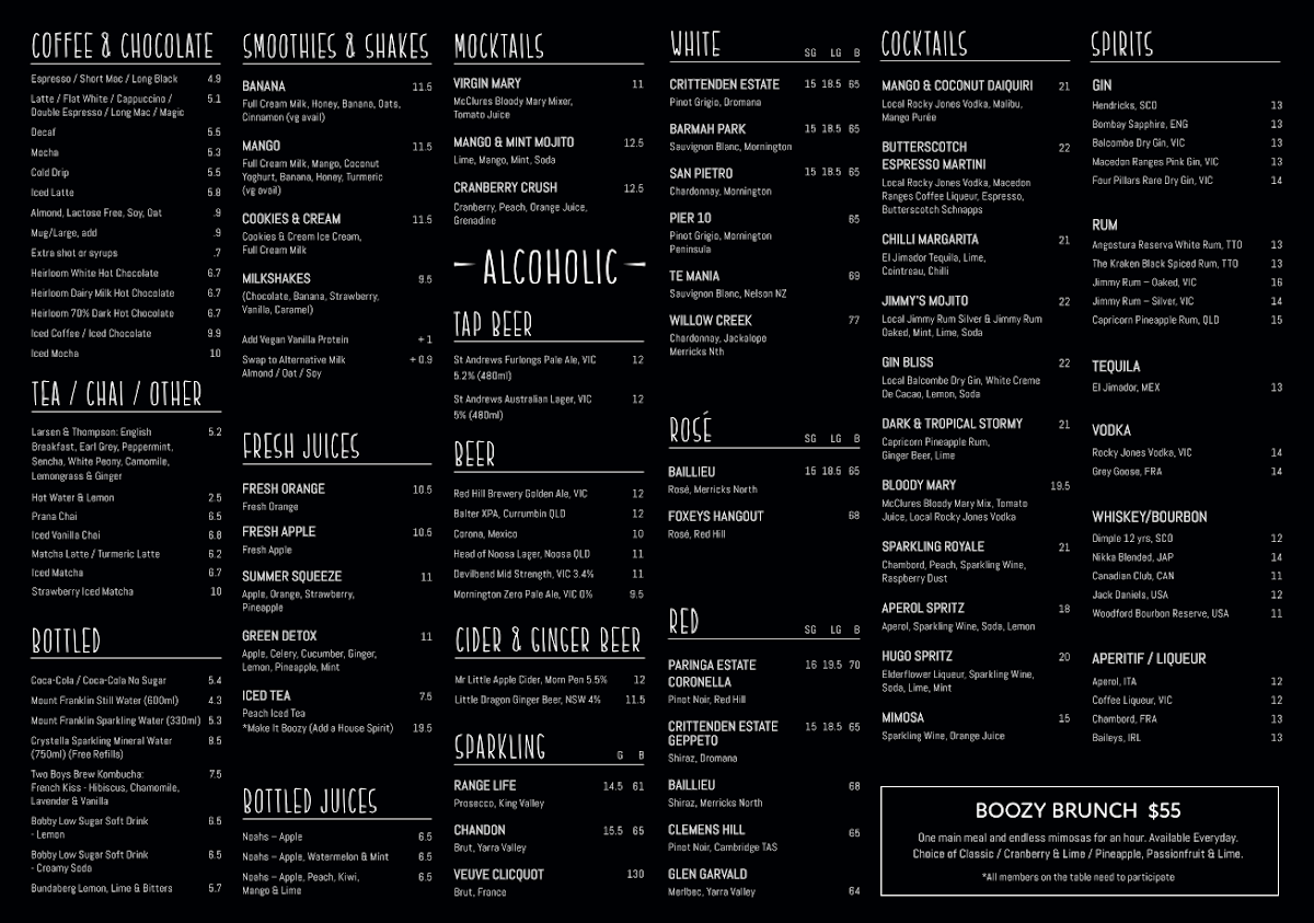 Menu, The Winey Cow
