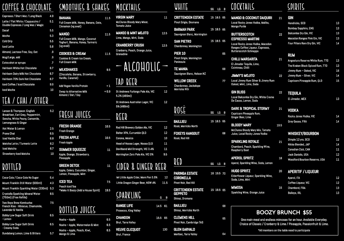 Menu, The Winey Cow