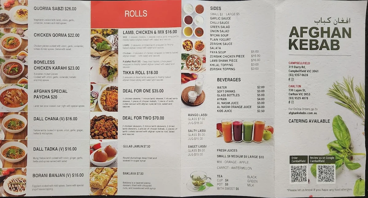 Menu, Afghan Kebab Campbellfield