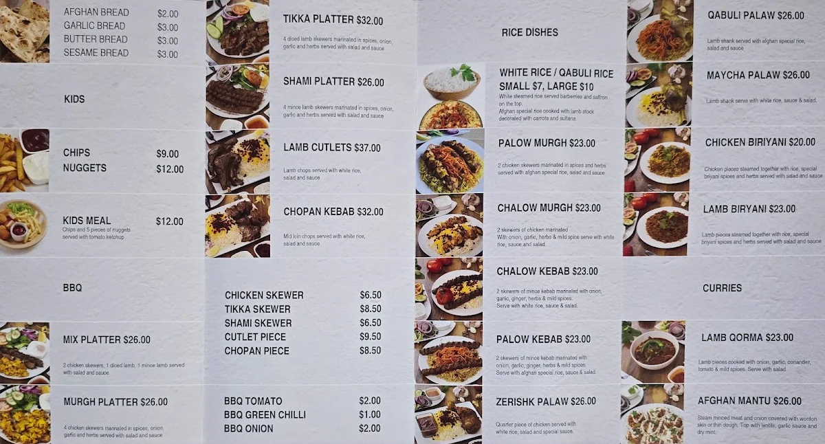 Menu, Afghan Kebab Campbellfield