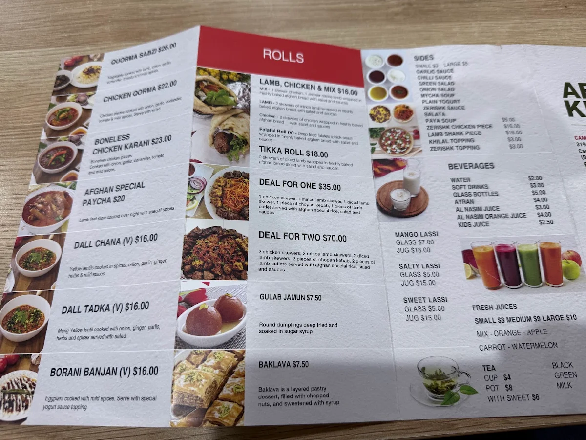 Menu, Afghan Kebab Campbellfield