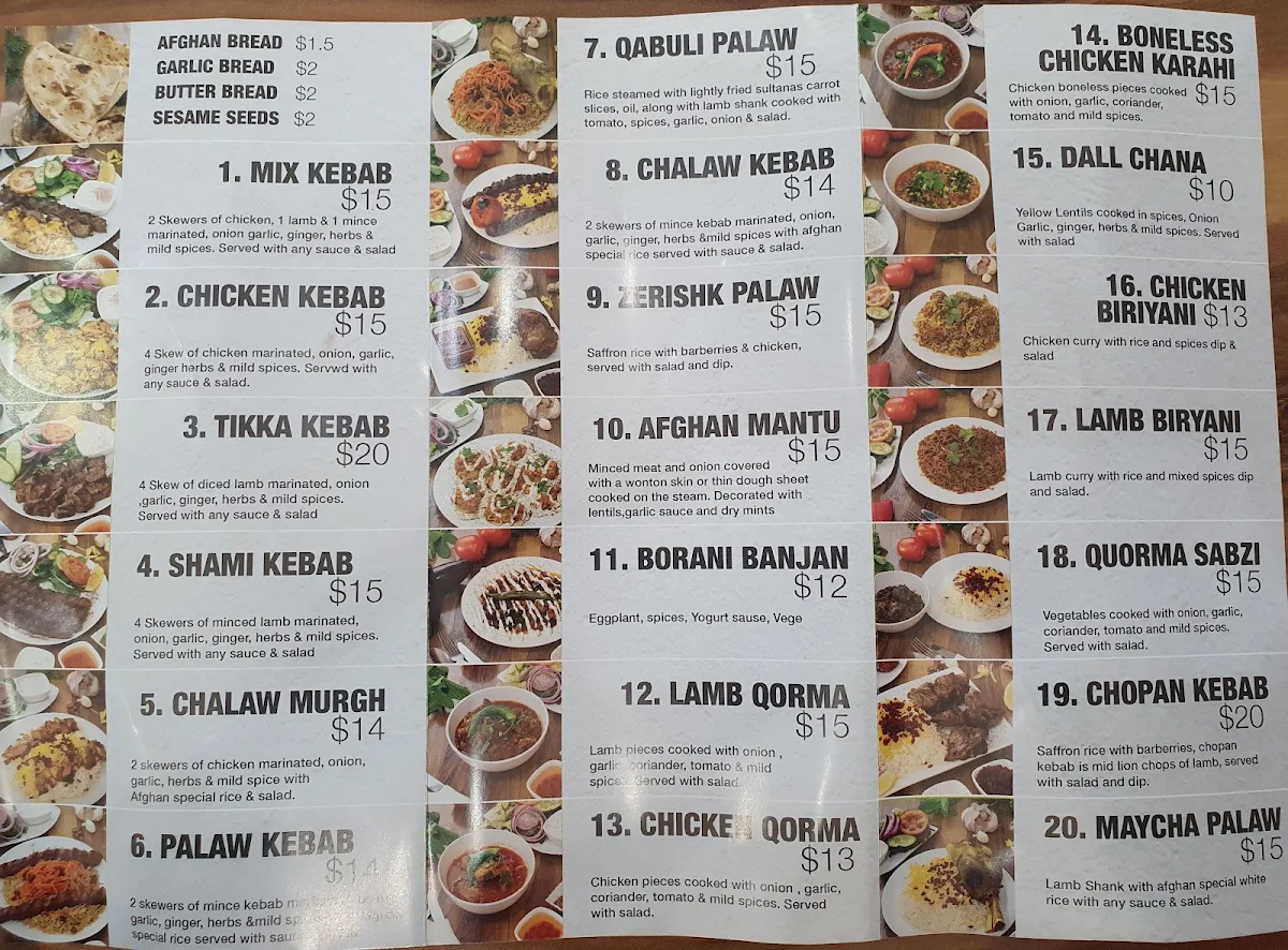 Menu, Afghan Kebab Campbellfield