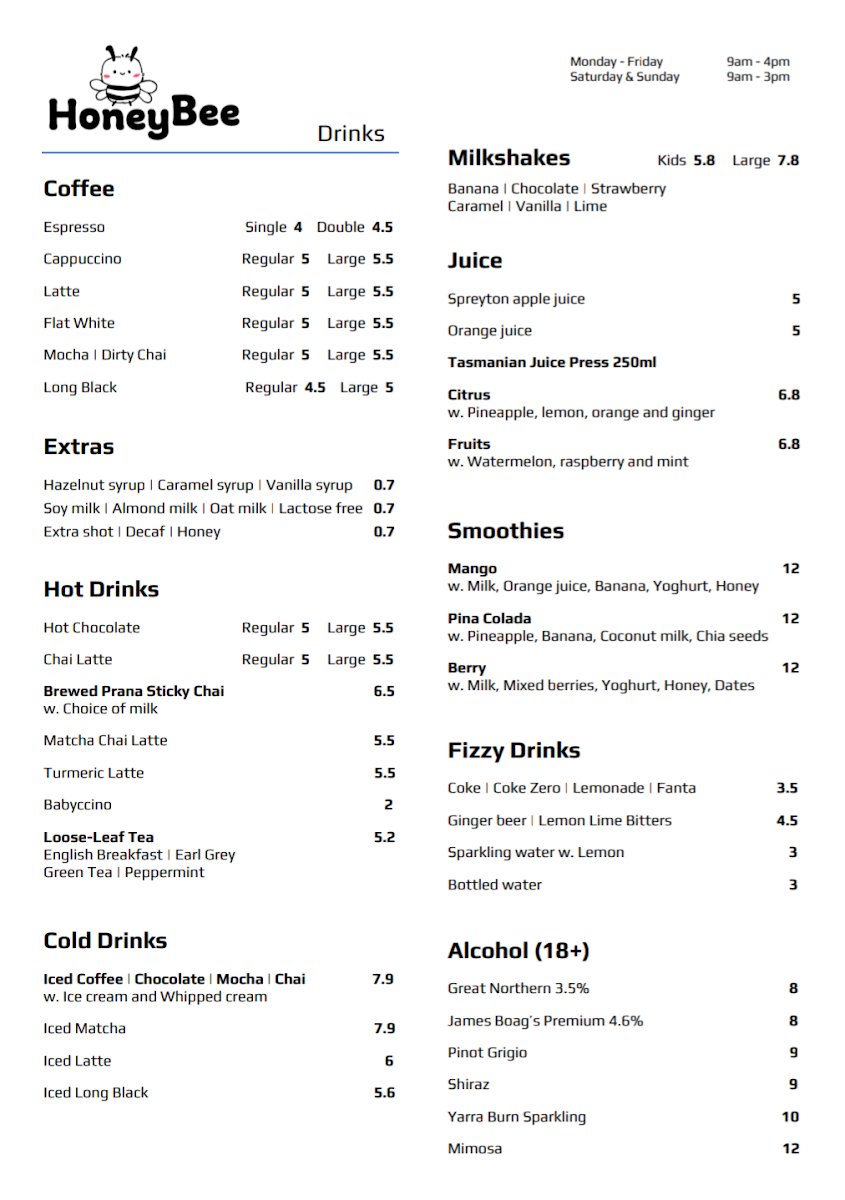 Menu, HoneyBee