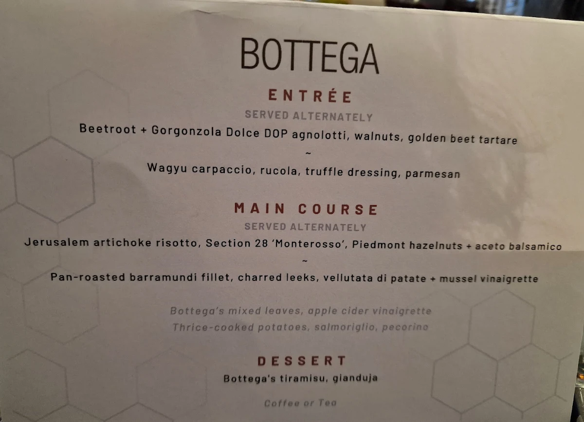 Menu, Bottega Restaurant