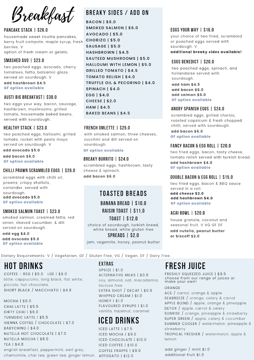 Menu, Austi Beach Cafe