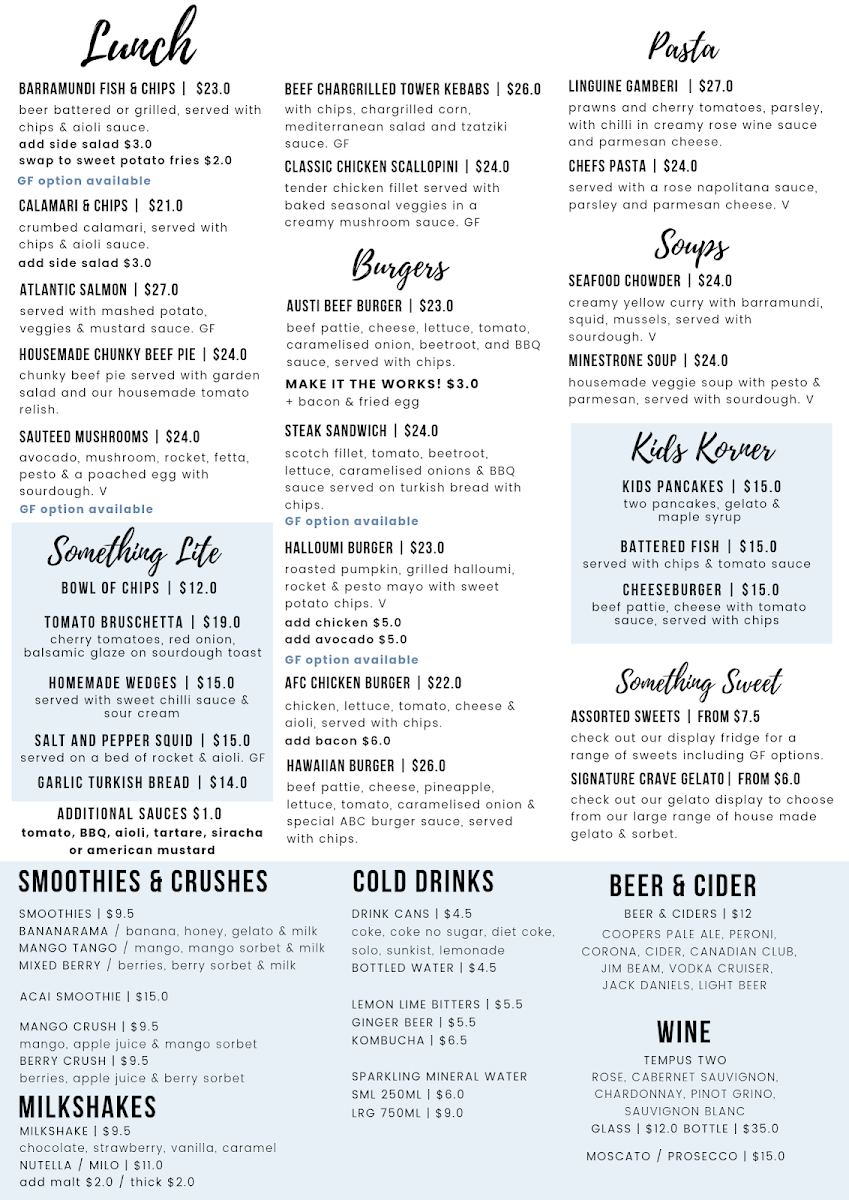 Menu, Austi Beach Cafe