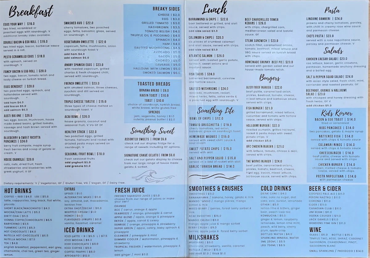 Menu, Austi Beach Cafe