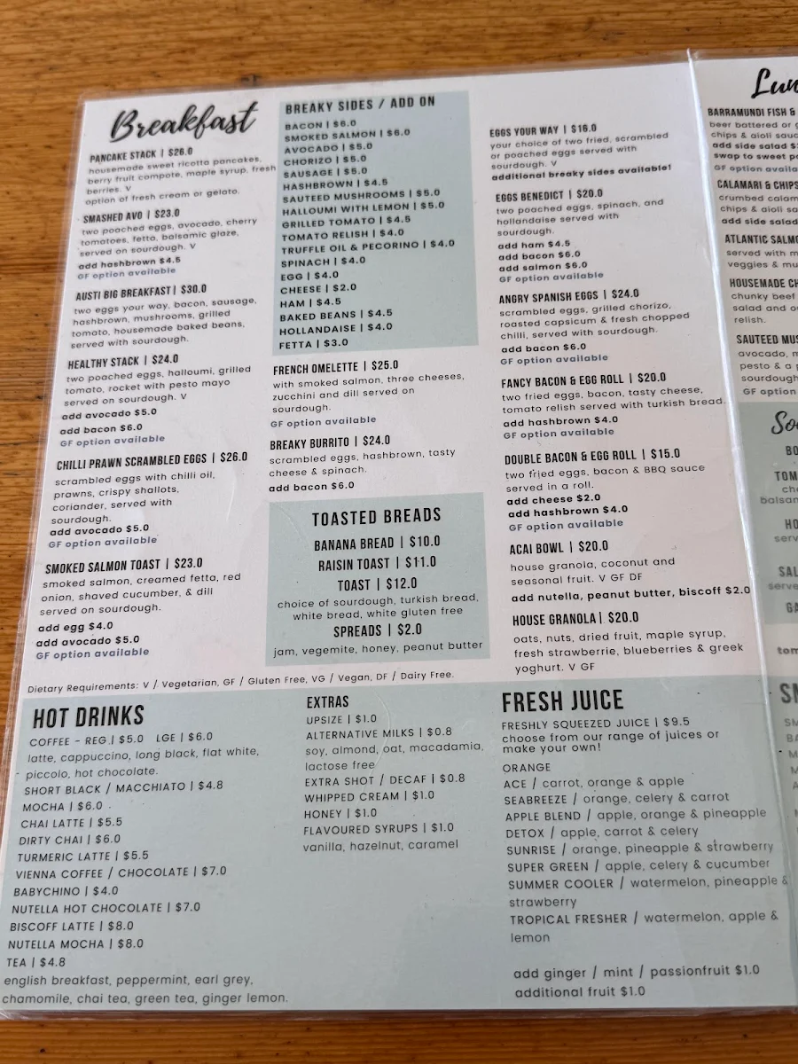 Menu, Austi Beach Cafe