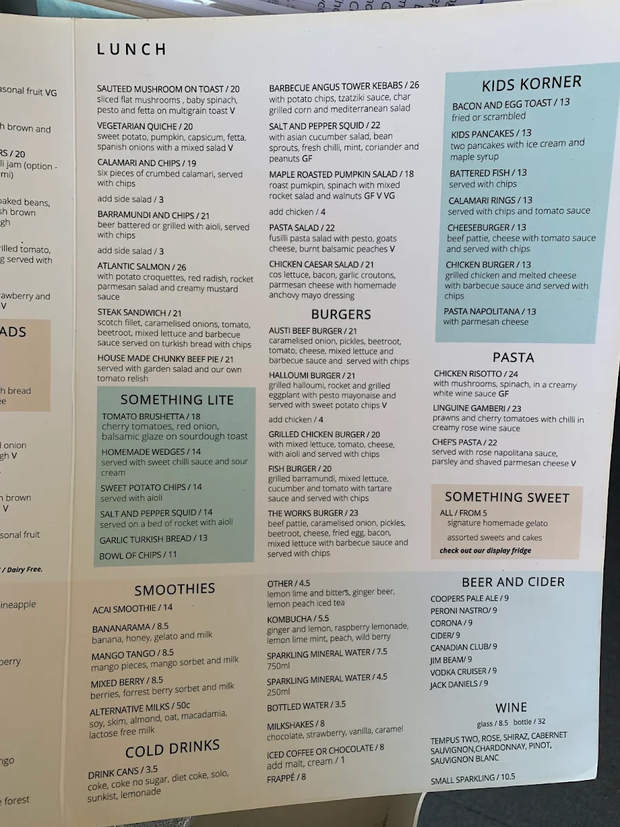 Menu, Austi Beach Cafe