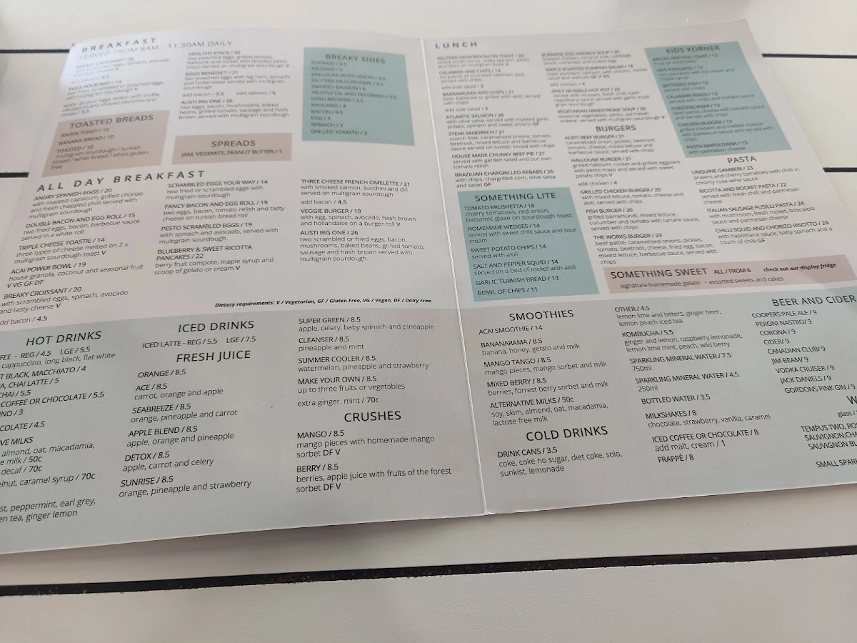 Menu, Austi Beach Cafe