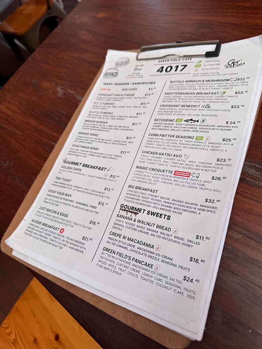 Menu, Green Field Café