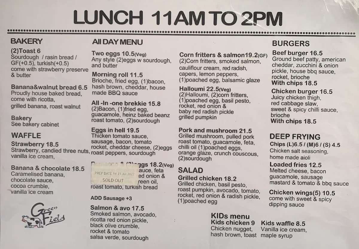 Menu, Green Field Café