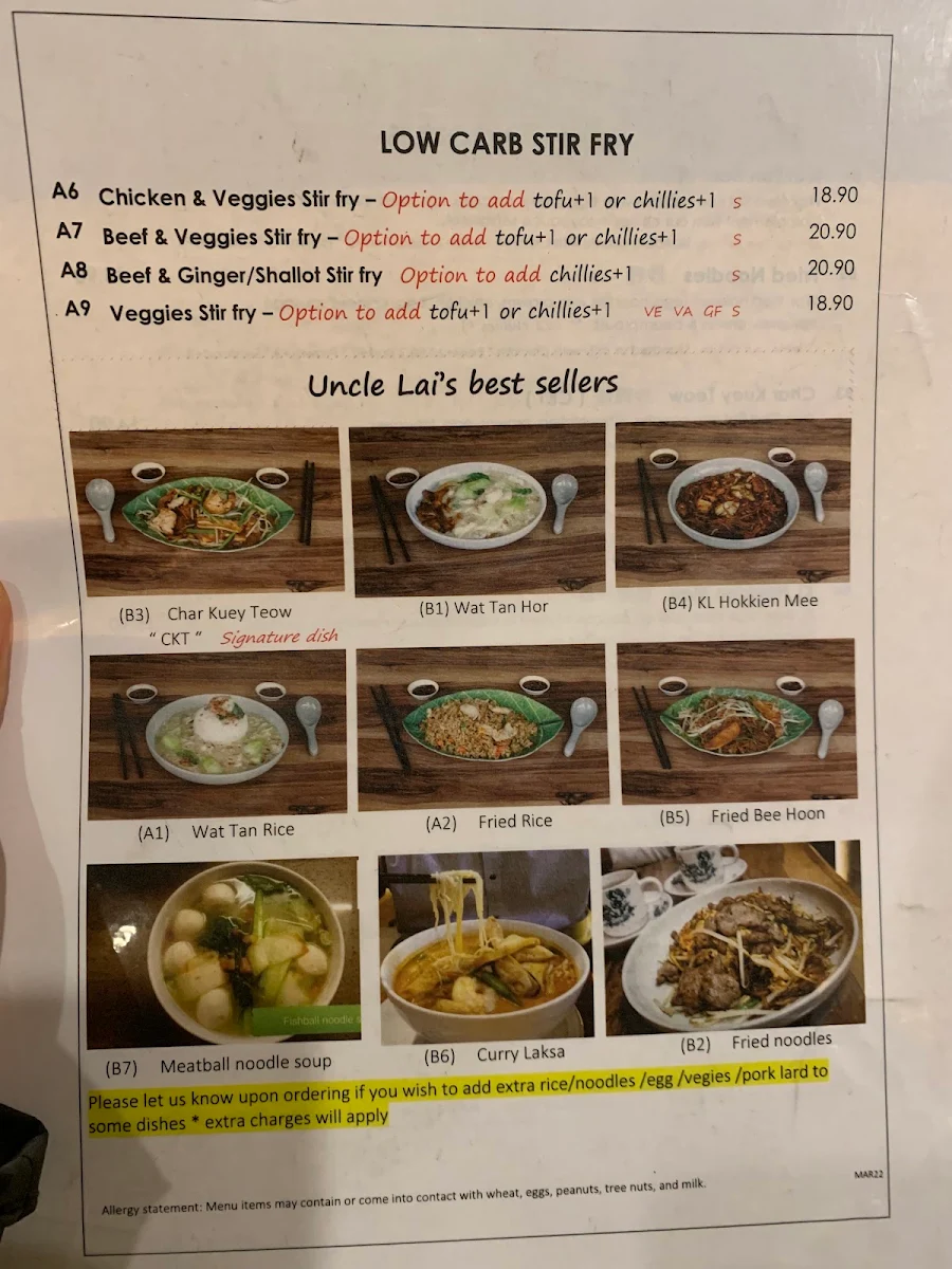 Menu, Uncle Lai's Malaysian Cuisine ( 賴記 )