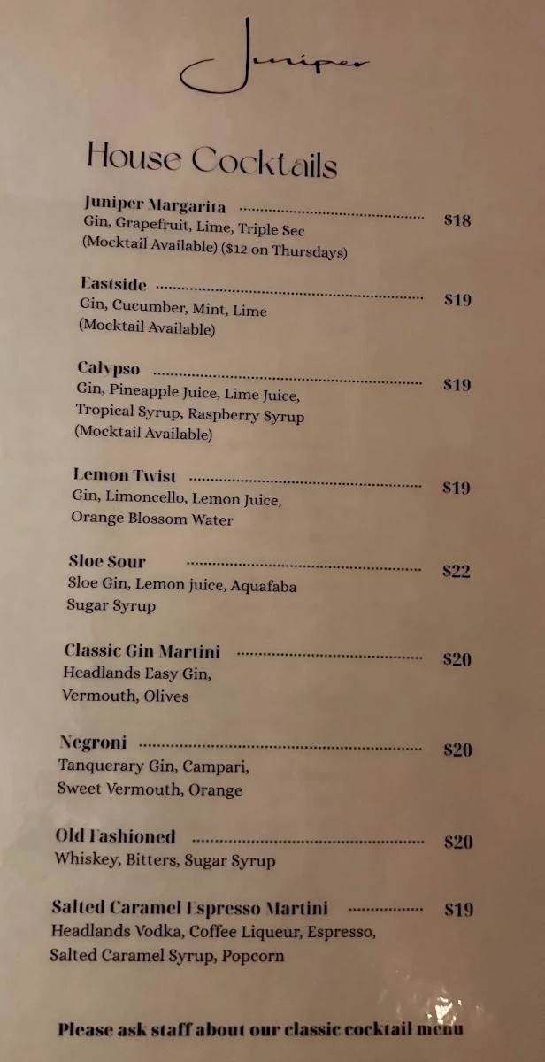 Menu, Juniper Bar