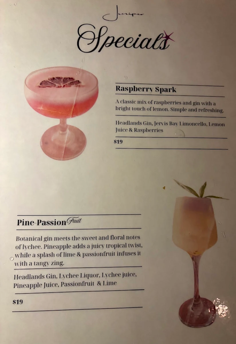 Menu, Juniper Bar