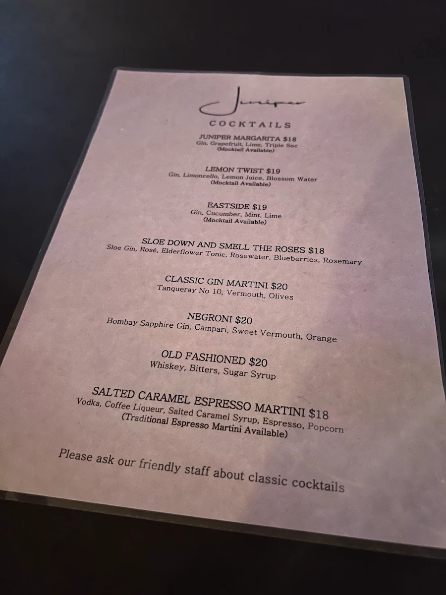 Menu, Juniper Bar