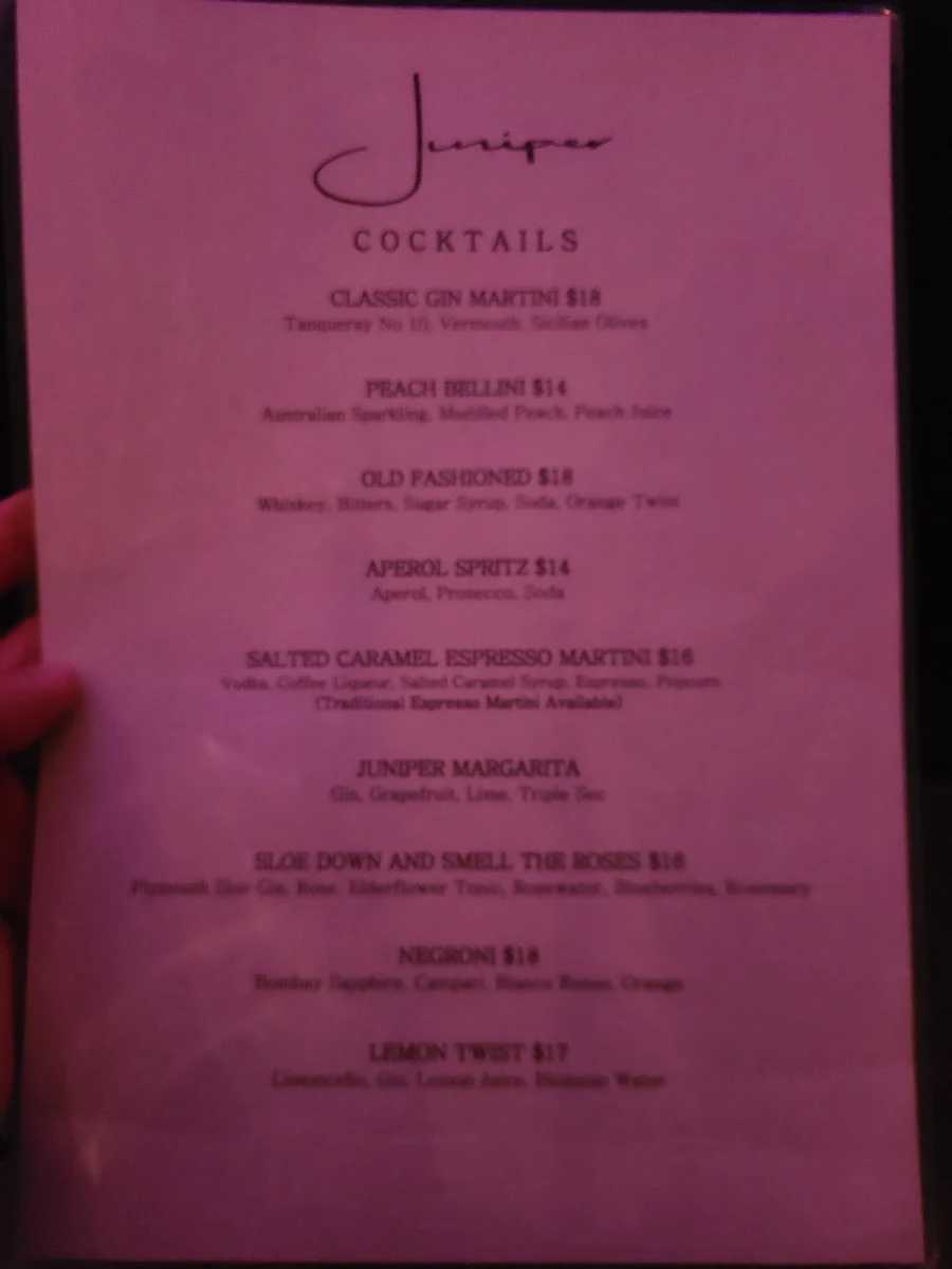 Menu, Juniper Bar