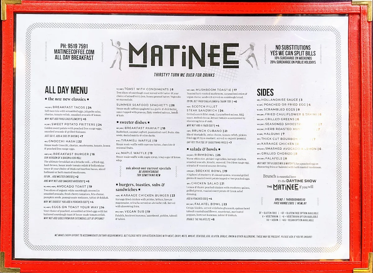 Menu, Matinee Coffee