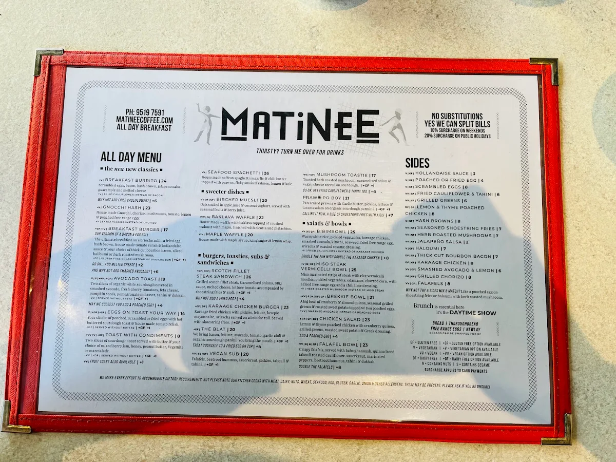 Menu, Matinee Coffee