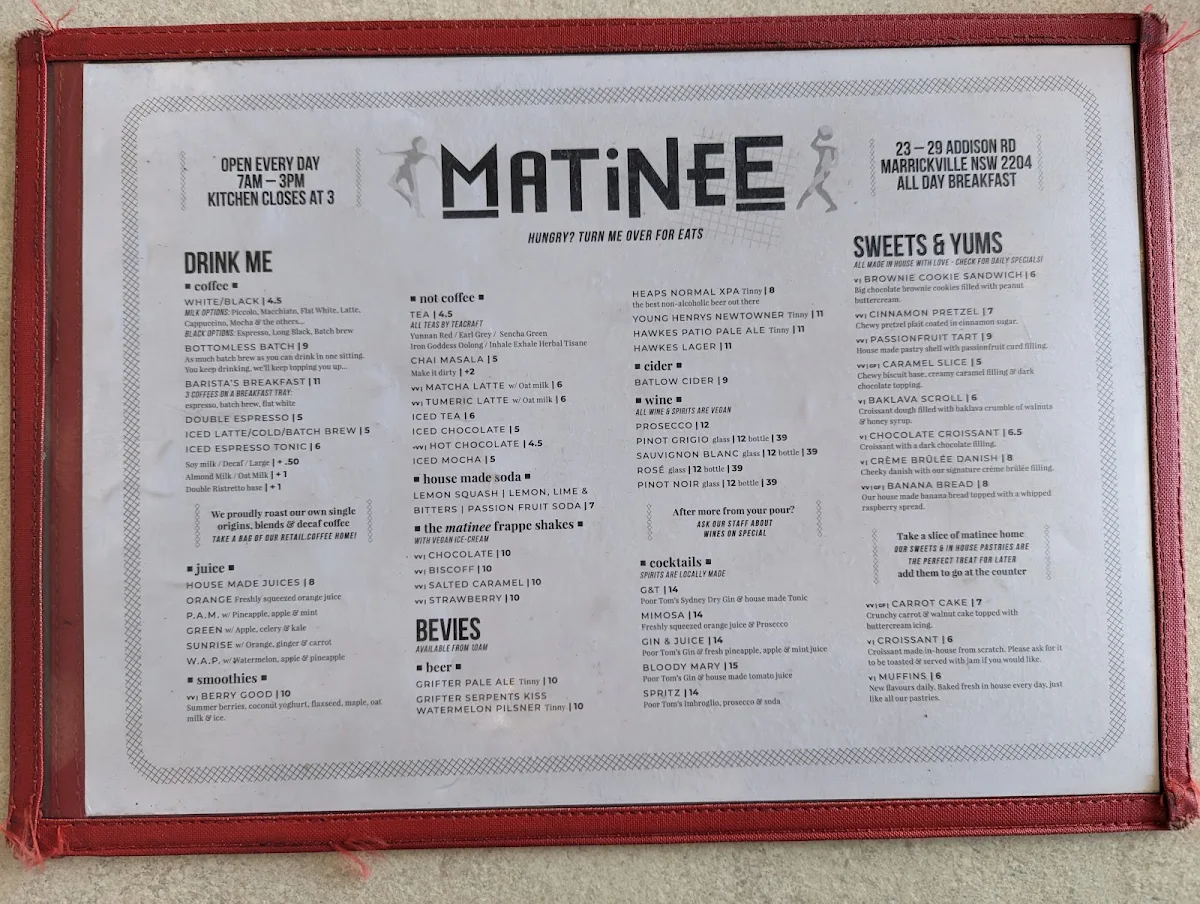 Menu, Matinee Coffee