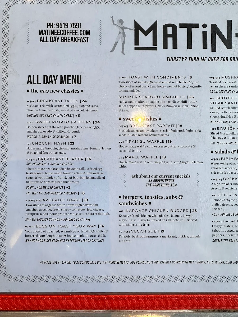 Menu, Matinee Coffee