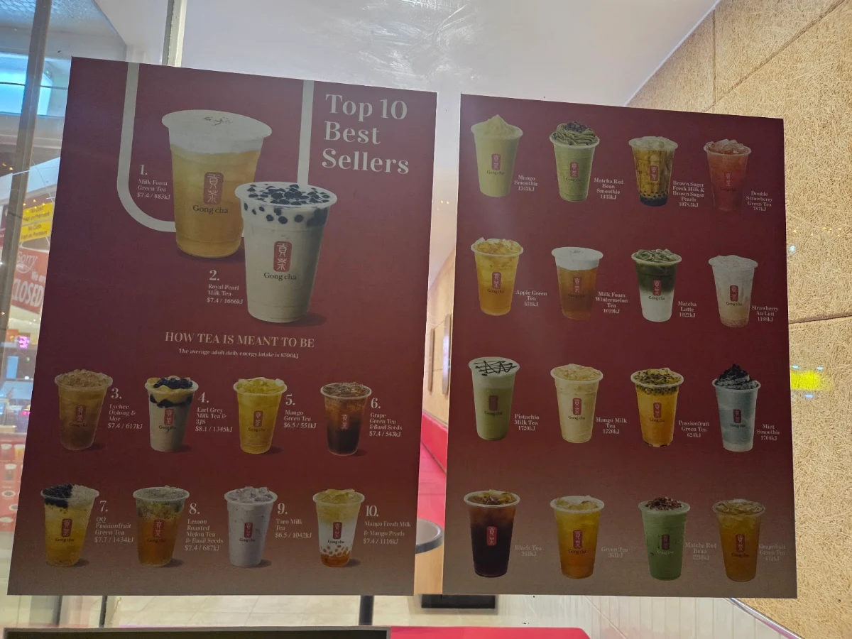 Menu, Gong Cha South Melbourne