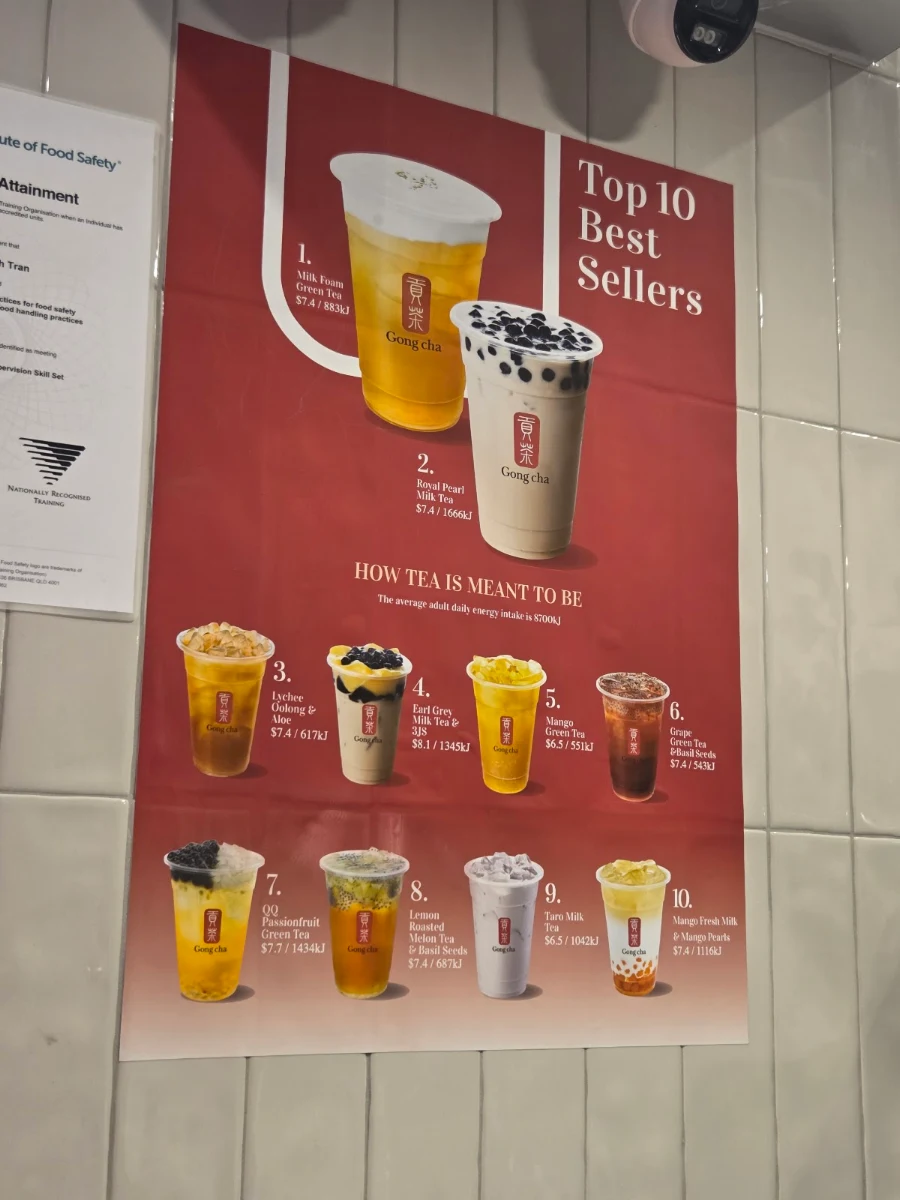Menu, Gong Cha South Melbourne
