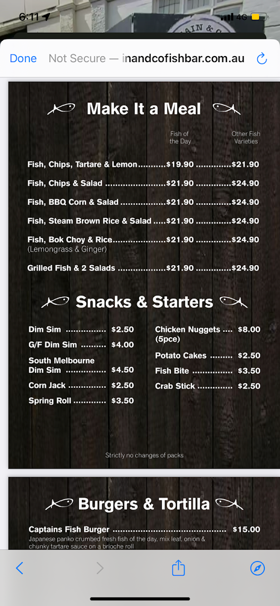 Menu, Captain & Co Fish & Chips