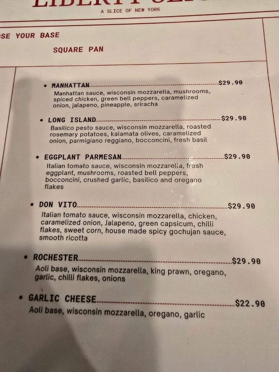 Menu, Liberty Slices Endeavour Hills