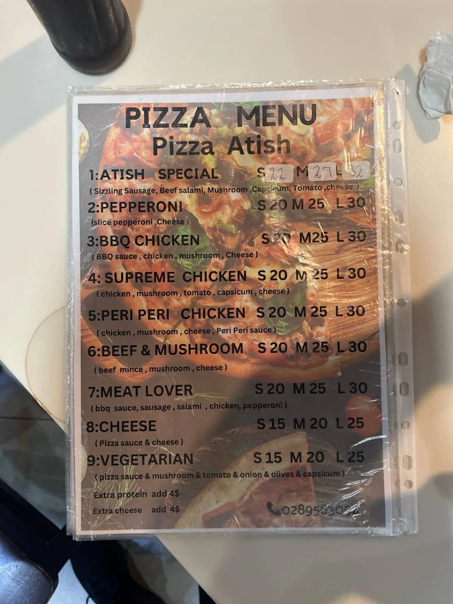 Menu, Pizza Atish