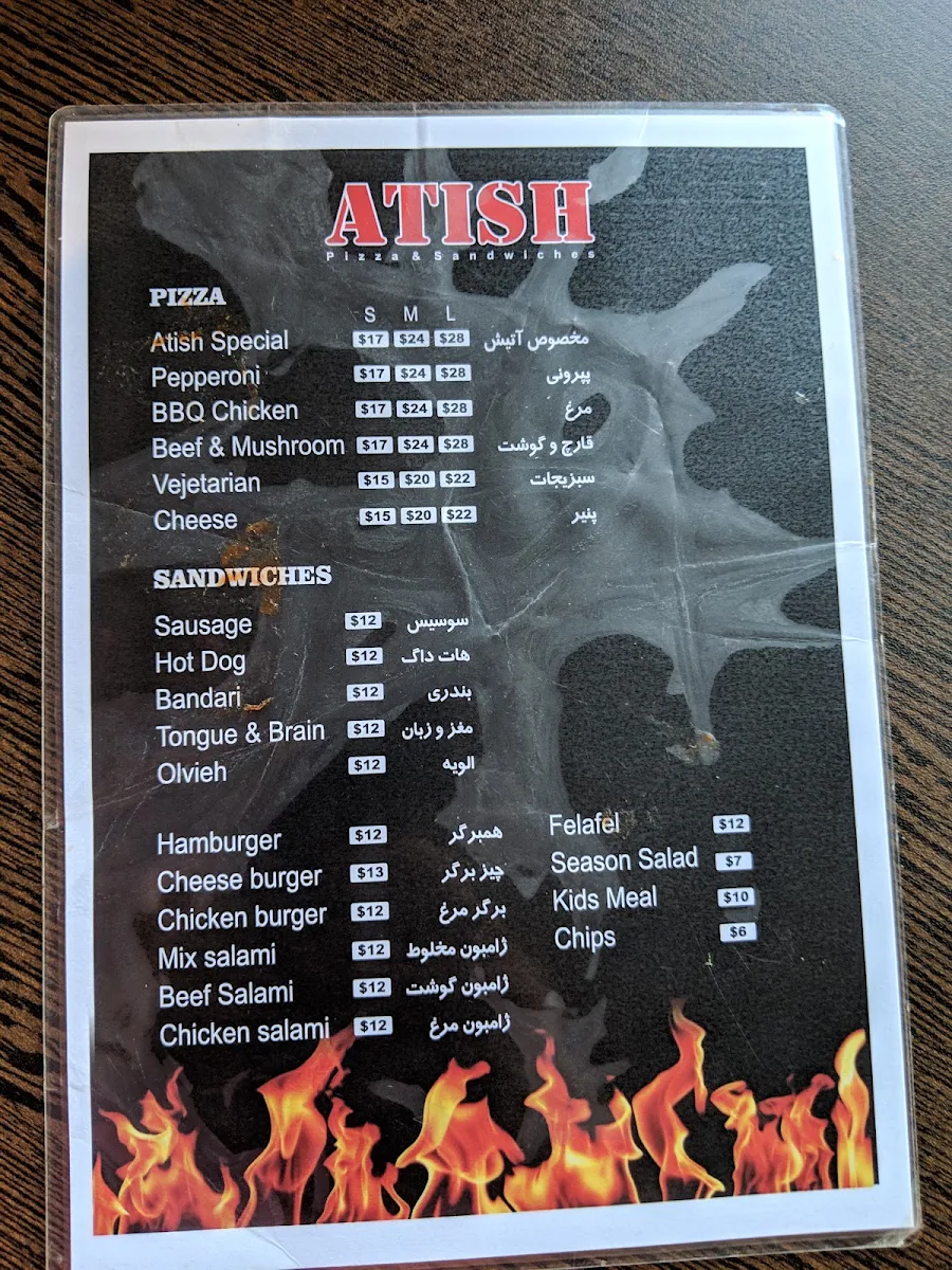 Menu, Pizza Atish