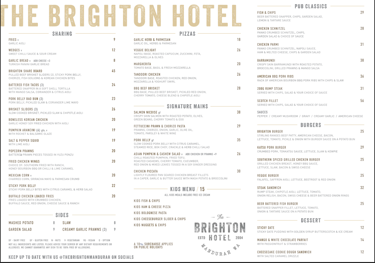 Menu, Brighton Hotel
