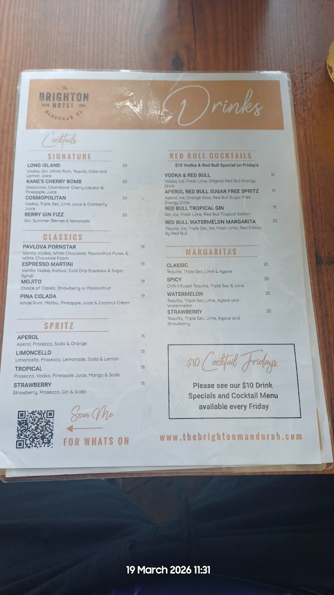 Menu, Brighton Hotel