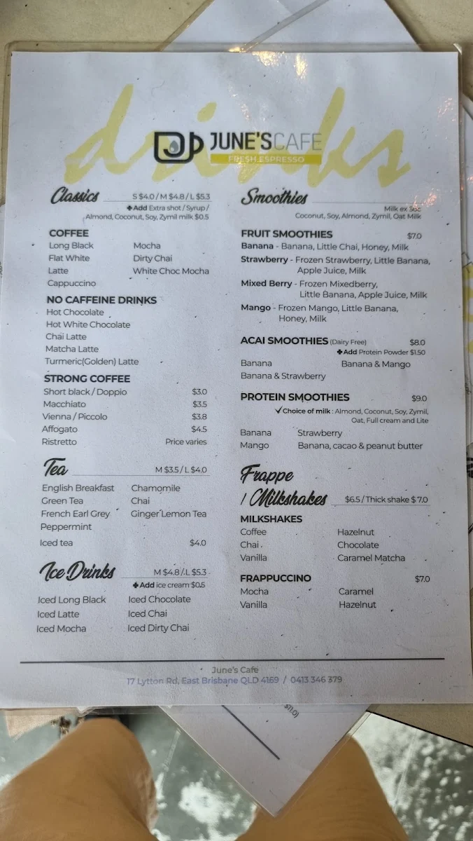 Menu, June's Cafe