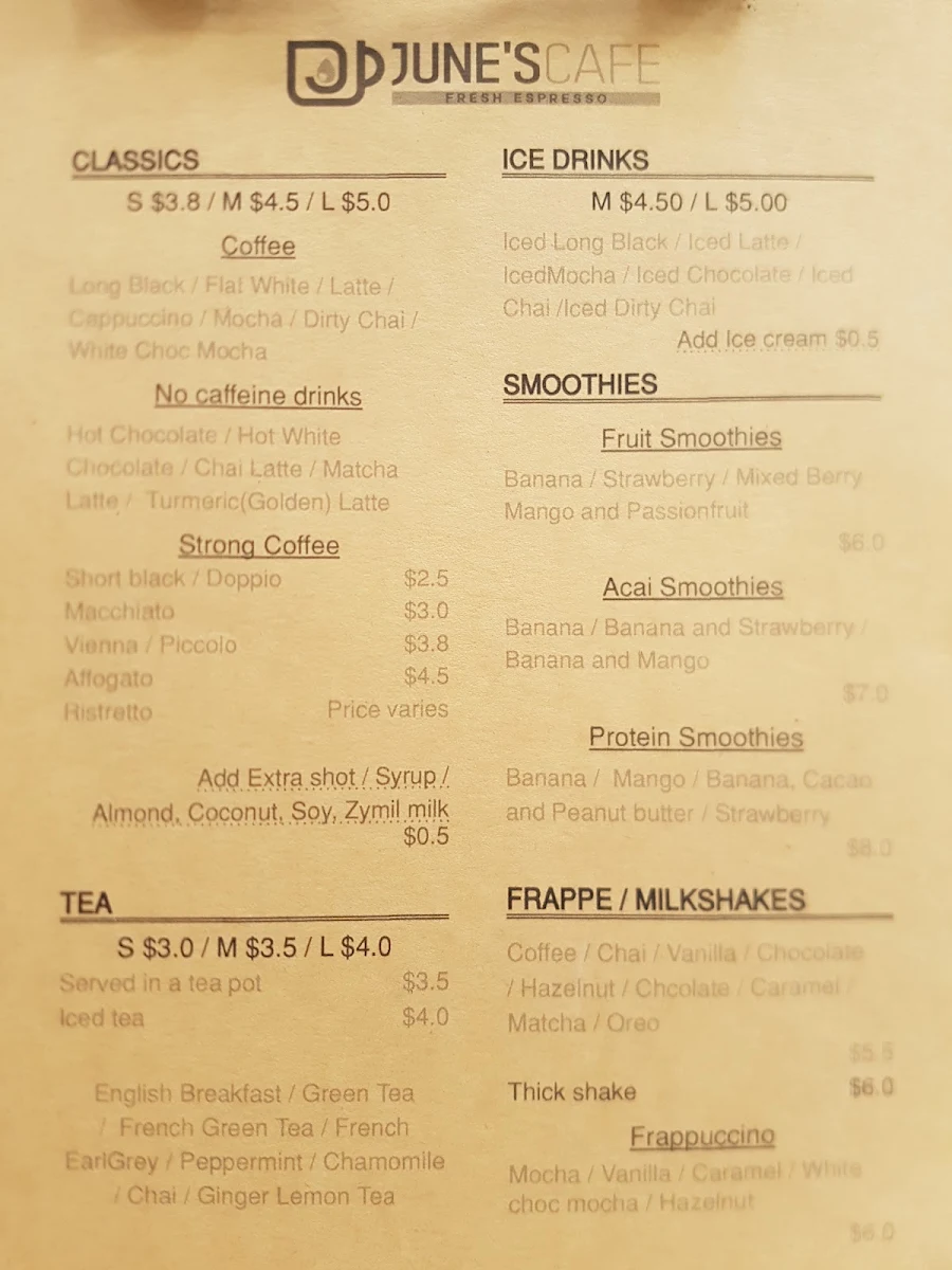 Menu, June's Cafe