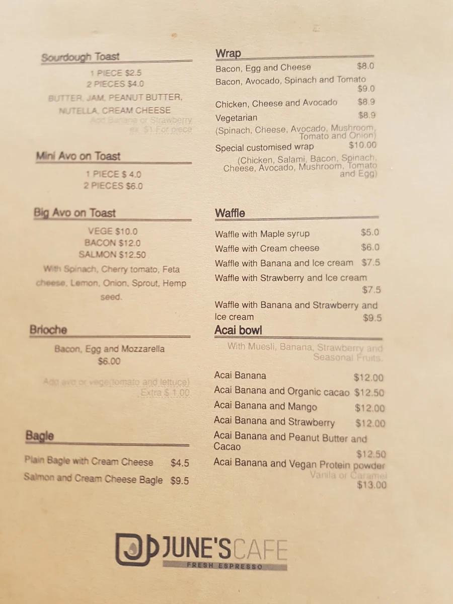 Menu, June's Cafe