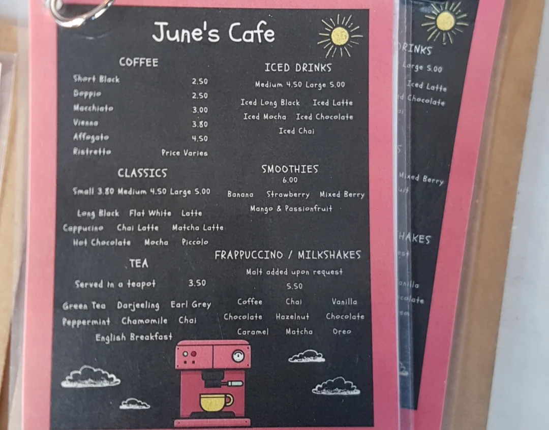 Menu, June's Cafe