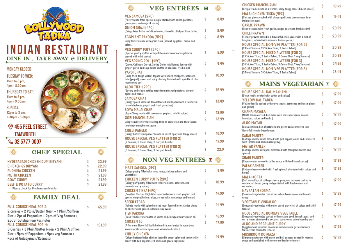 Menu, Bollywood Tadka- Indian Restaurant In Tamworth