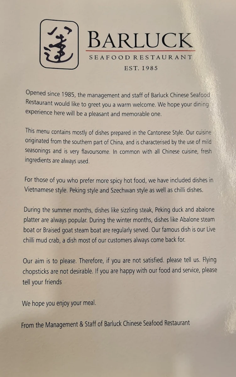 Menu, Barluck Seafood Restaurant