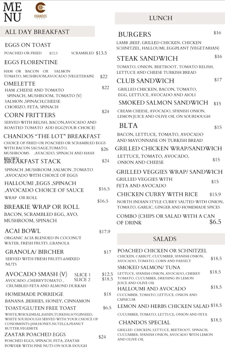 Menu, Chandos cafe