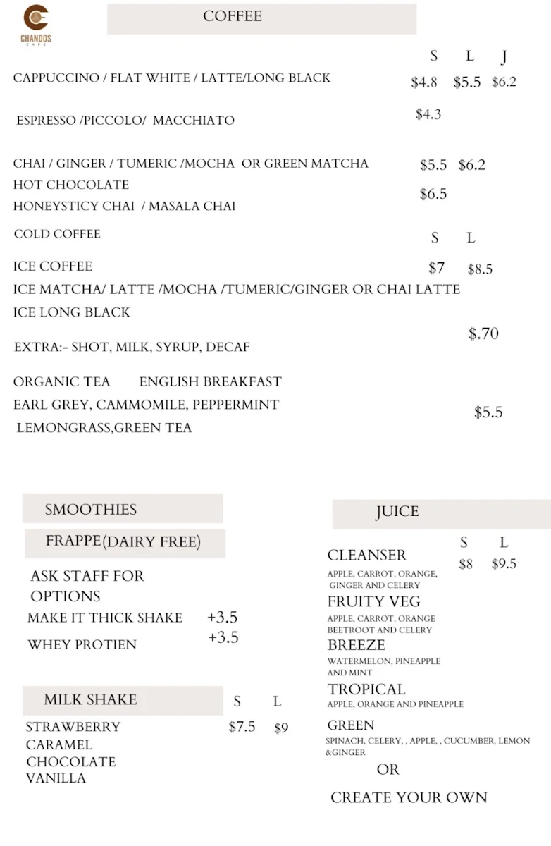 Menu, Chandos cafe