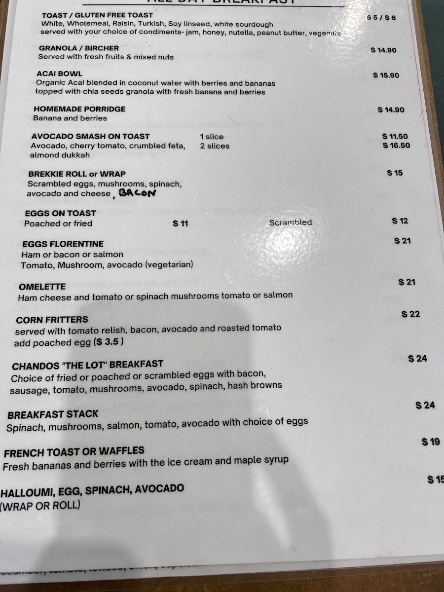 Menu, Chandos cafe