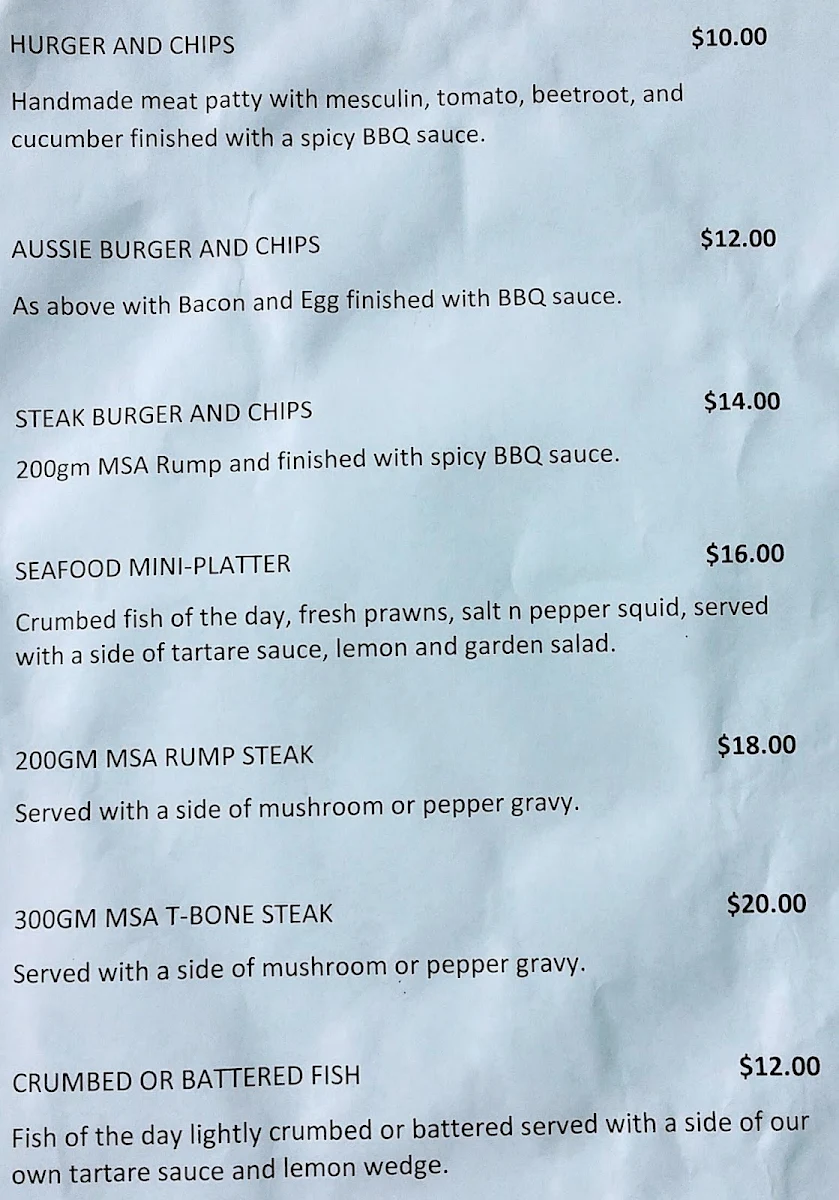 Menu, Birkdale Sports Club