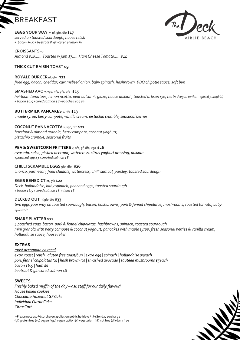 Menu, The Deck Airlie Beach