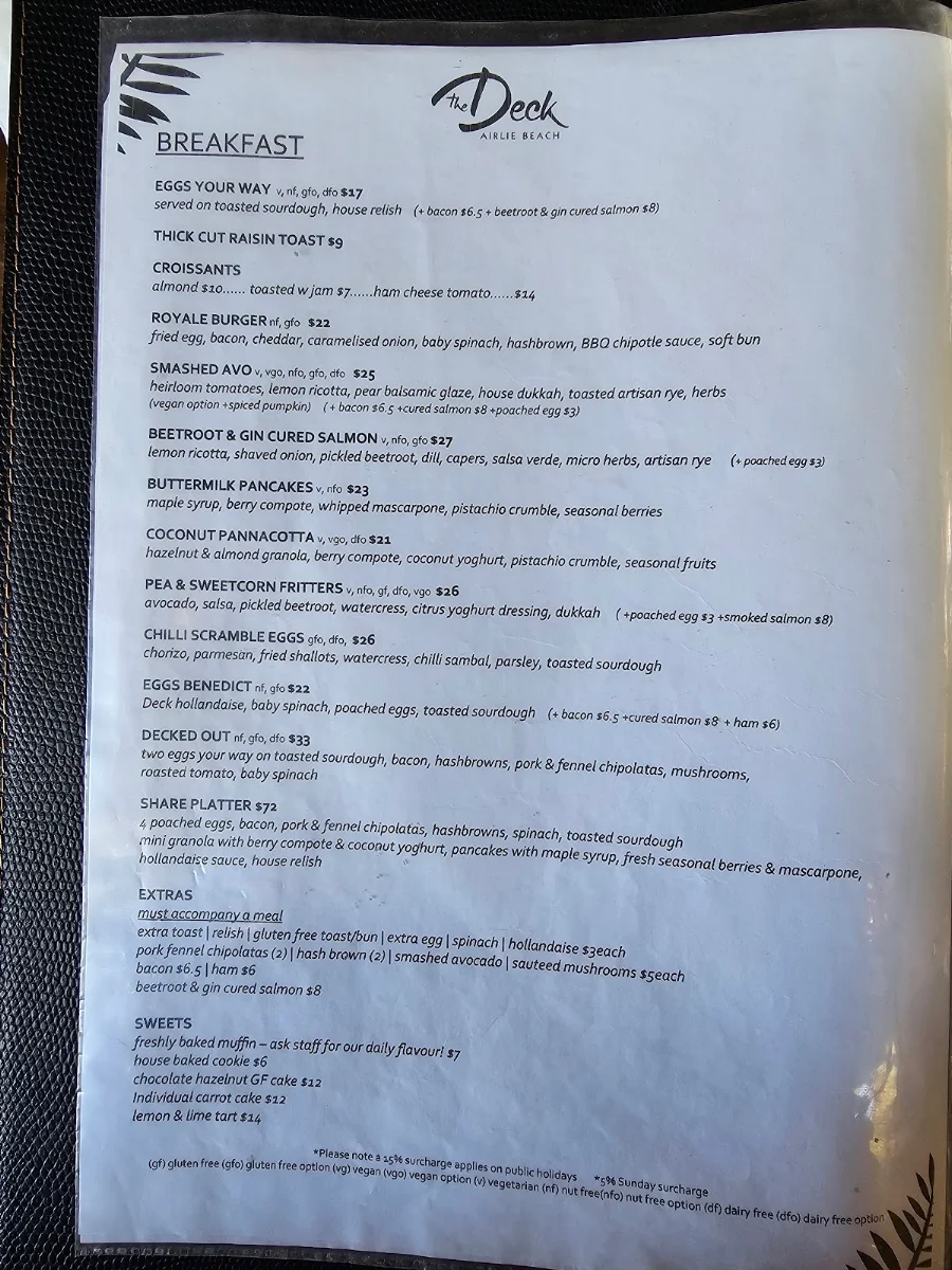 Menu, The Deck Airlie Beach