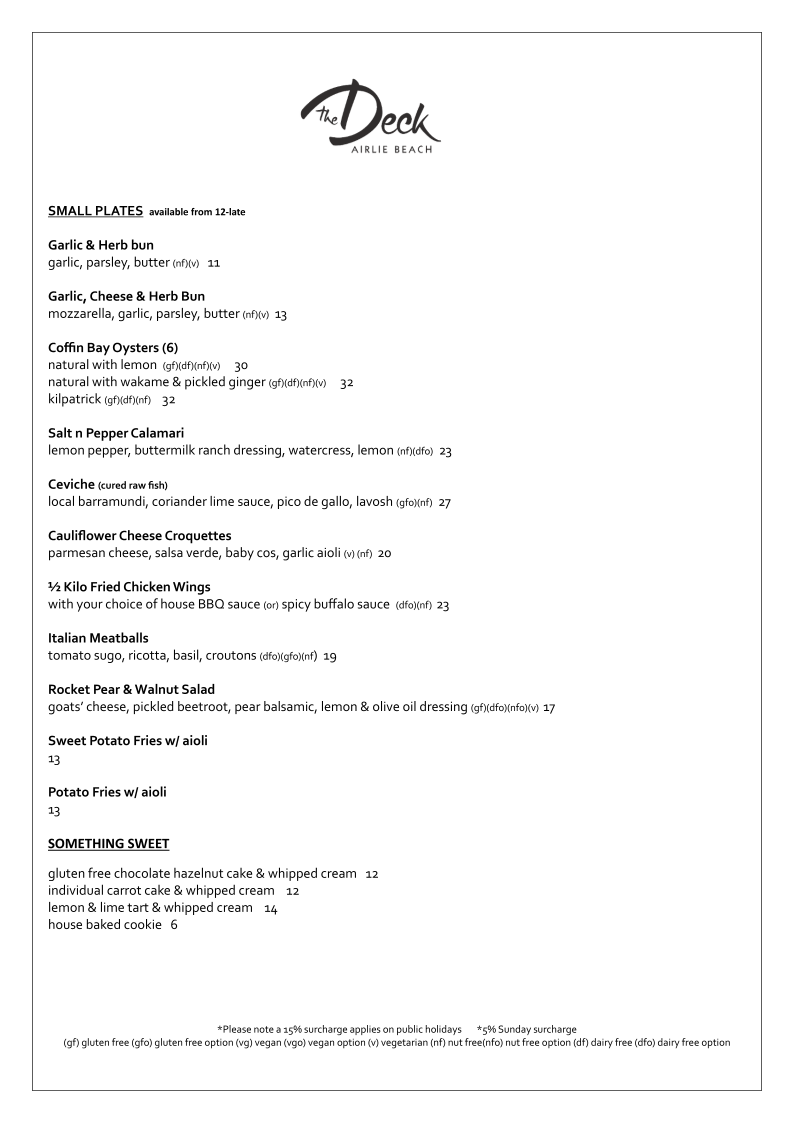 Menu, The Deck Airlie Beach