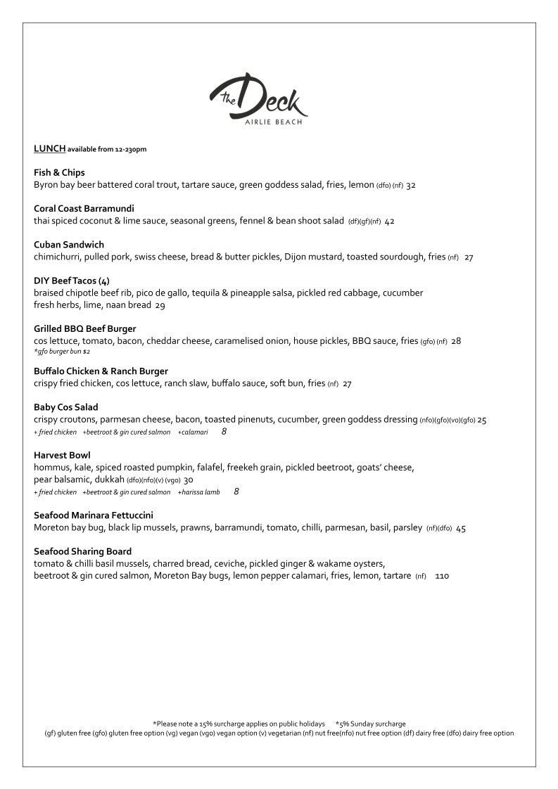 Menu, The Deck Airlie Beach